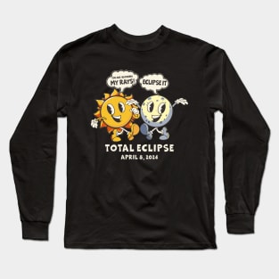 Funny Total Solar Eclipse USA April 8, 2024 Retro Cartoon Sun And Moon Long Sleeve T-Shirt